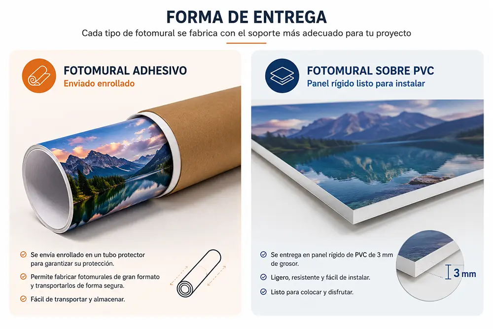 Comparativa entre un fotomural adhesivo enrollado y un fotomural sobre panel de PVC de 3 mm con acabado rígido