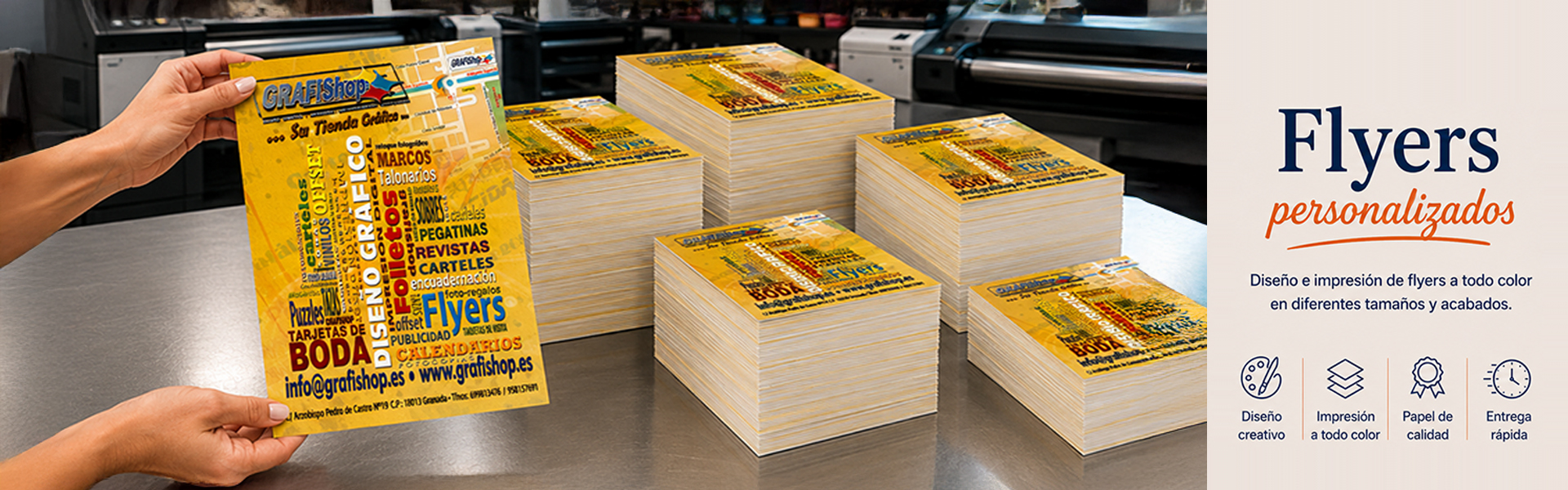 Flyers publicitarios impresos en alta calidad para promociones y eventos.