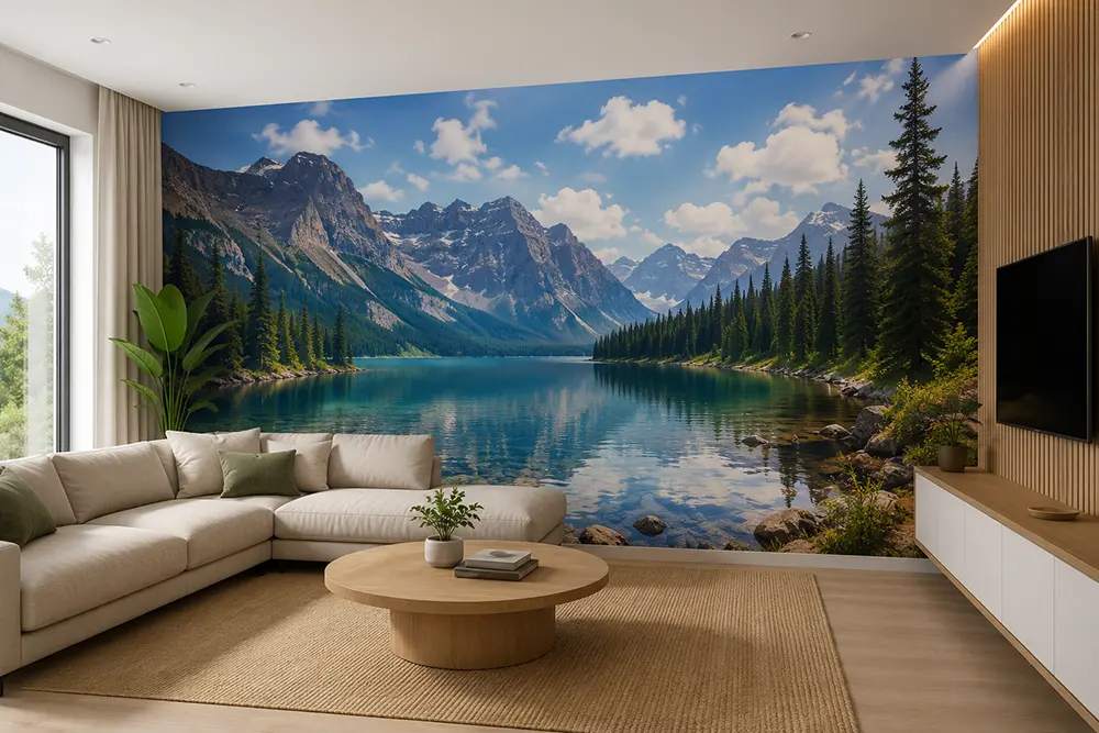 Fotomural adhesivo personalizado instalado en un salón moderno cubriendo una pared completa con un paisaje de montaña