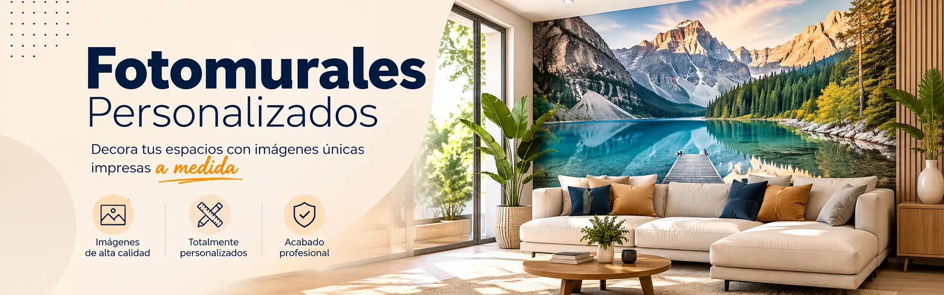 Fotomural personalizado a medida instalado en un salón moderno con paisaje de montaña impreso en alta calidad.