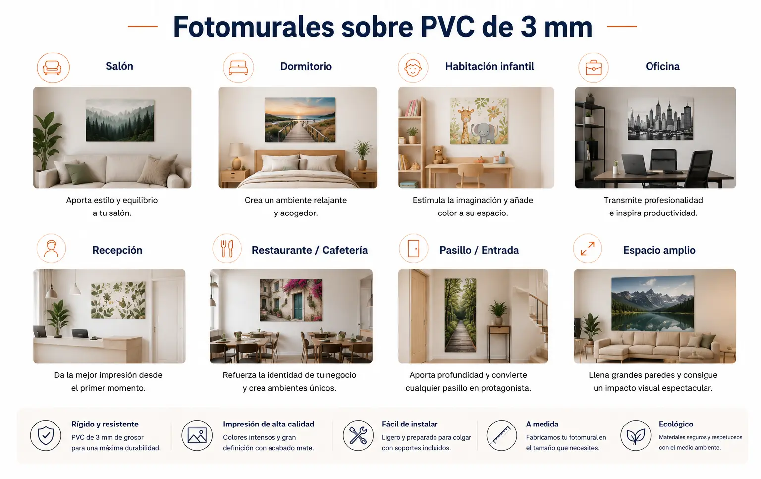 Ideas de decoración con fotomurales personalizados sobre PVC de 3 mm para salones, dormitorios, oficinas, recepciones y otros espacios.