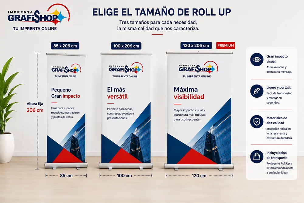 Comparativa de tamaños de Roll Up personalizados Grafishop de 85 x 206 cm, 100 x 206 cm y 120 x 206 cm Premium