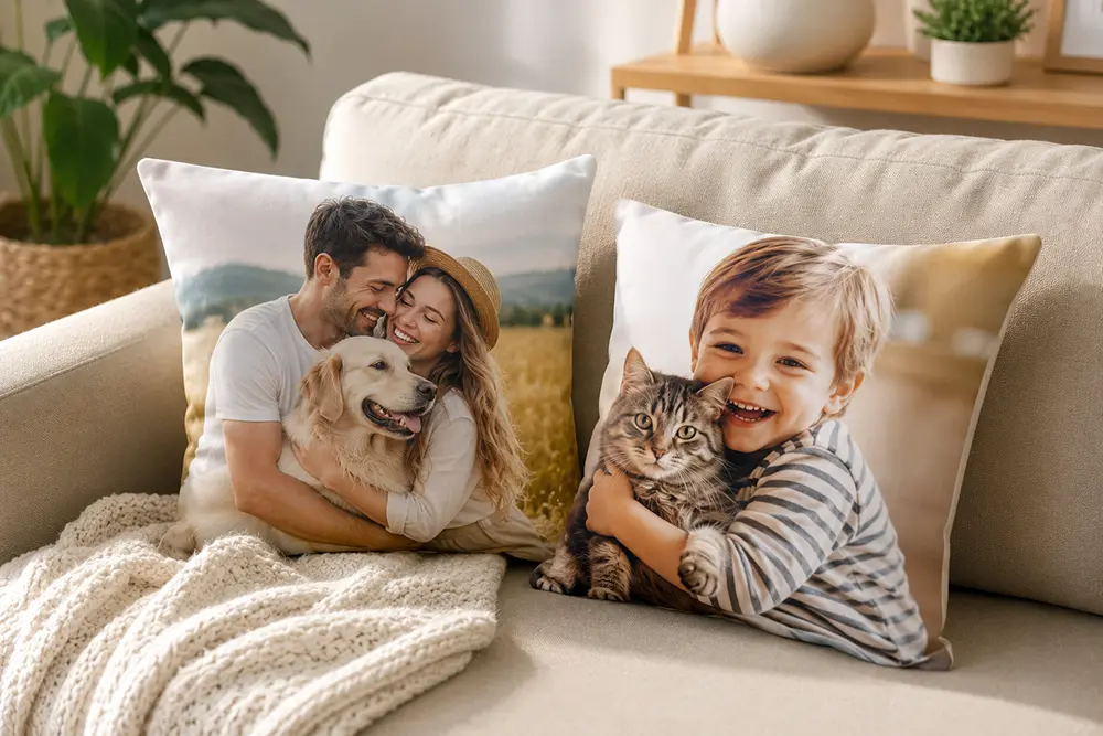 Cojines personalizados con foto sobre un sofá decorando un salón moderno