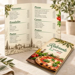Carta de menú díptico impresa con platos y precios distribuidos en cuatro caras para restaurante.