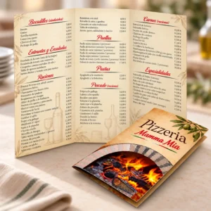 Carta de menú tríptico impresa con platos, especialidades y precios distribuidos en seis caras.