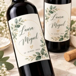 Etiquetas adhesivas personalizadas para botellas de vino con nombres de los novios y fecha de boda