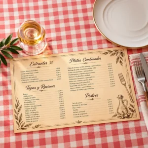 Mantel de papel rectangular personalizado para restaurante, con menú de entrantes, tapas, platos combinados y postres sobre un mantel de cuadros rojos y blancos.