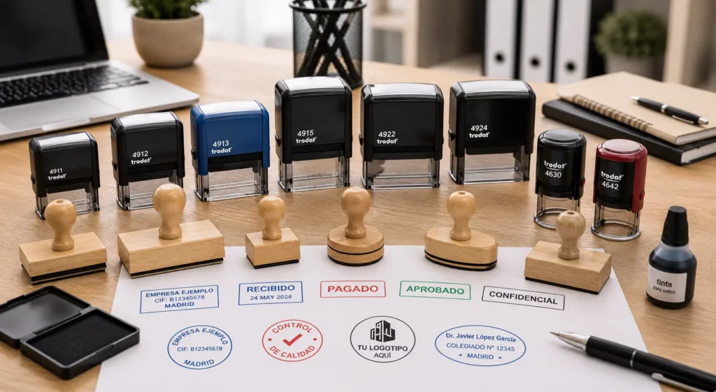 Modelos de sellos de caucho personalizados automáticos y de madera para empresas y profesionales
